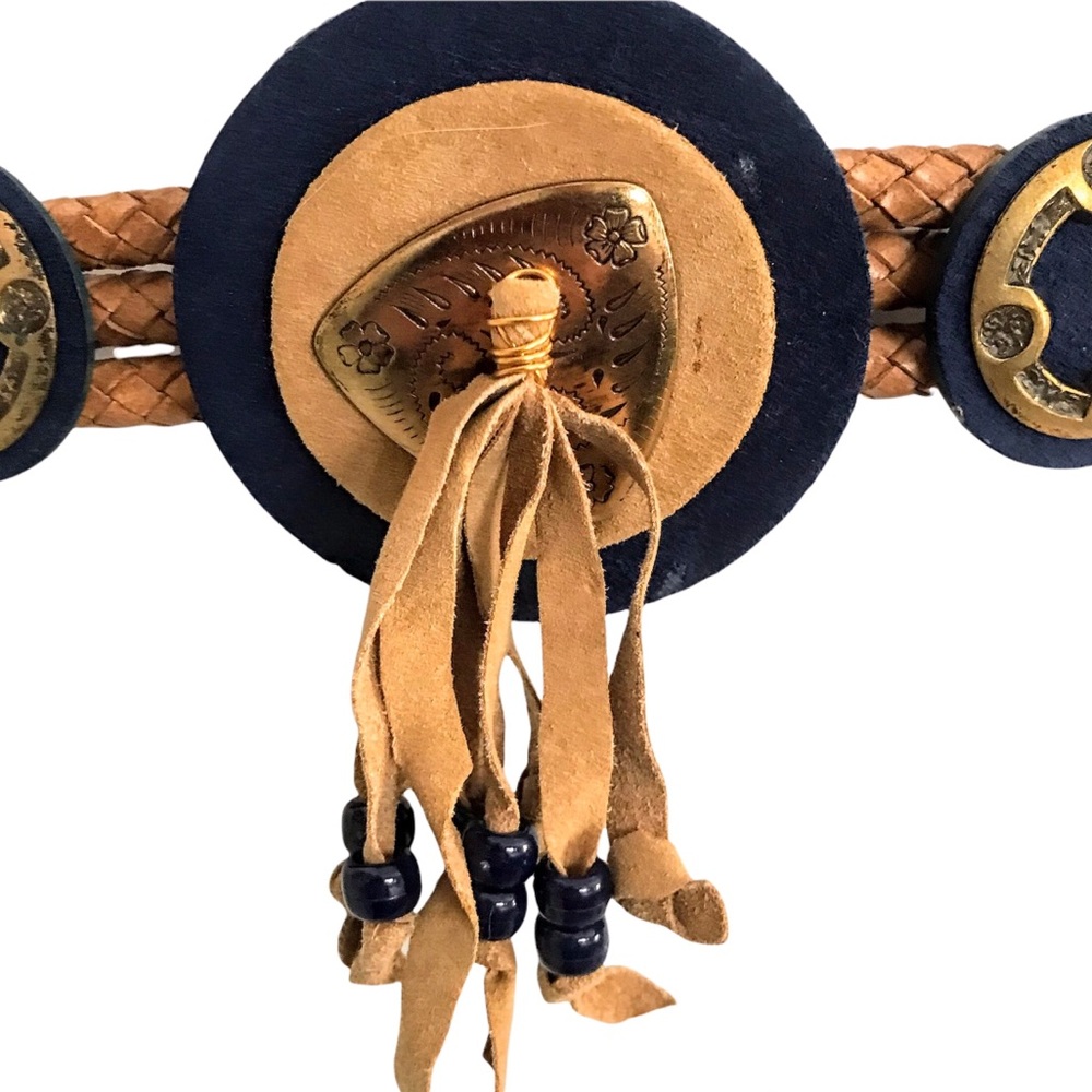 Concho Denim Belt Metal Medallion Rope Tassel Bead VelcroClosure Carolyn Tanner